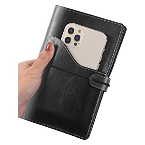 Black premium soft-touch PU leather.

Pocket in front design: You can put tickets passport and max 6.7 inch phone inside.