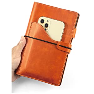 Orange premium soft-touch PU leather.
Pocket in front design: You can put tickets passport and max 6.7 inch phone inside.