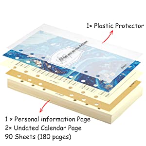 Product Name: Lollipro Lined Loose Leaf 120gsm Writing Paper For A6 Personal Size Binder
Package Includes: 2 pack total 90 sheets (180 pages) writing paper, 1 × personal information page, 12 × Kraft undated calendar Index sticker and 1 ×plastic protector.