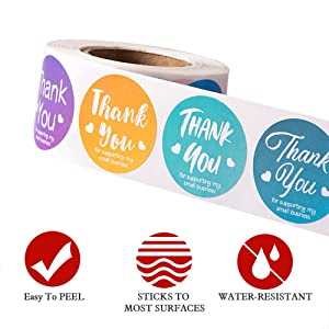 ---------------------Strong Adhesive: Perfect sealing to keep your stuff safely in envelope and box-----------------------------------------------------------------Water Resistant: Polymer coated surface bright and clean without dust--------------------------------------------------------------------------Use labels for anniversary, wedding, birthday gift, thank you envelopes-------------------------------------------------------------------------Add your thanks to special orders, gift boxes, bags and more----------------------------------------------------------------