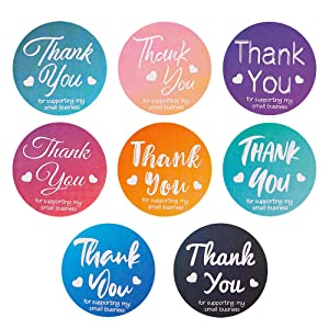 ---------------------Product Name : Gradient Color Design, 8 different pattern Thank you stickers------------------------------------------------------------------Package Includes: 1 Roll=500 PCS x 1.5 Inch, With LOLLIPRO Brand Packing Box----------------------------------------------------------------Widely Used: Suitable for cards, scrapbooks, jewelry boxes, envelopes, packaging business cards, packaging box, receipts and so on.